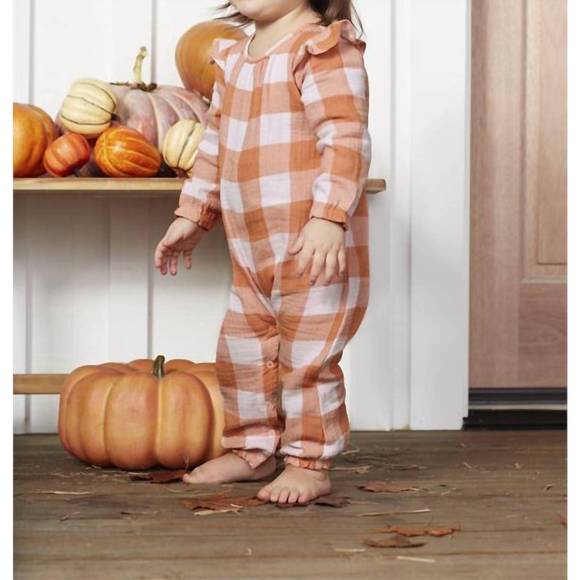 NEW MUDPIE baby girl's check one-piece and headband set in orange - Picture 2 of 3